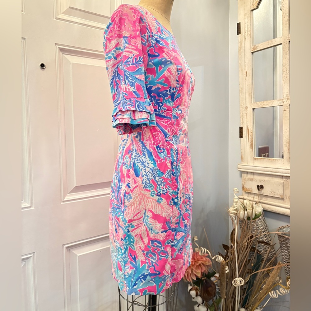 Lilly Pulitzer Pink and Blue Printed Ruffle Sleeve Shift Dress - Picture 3 of 7